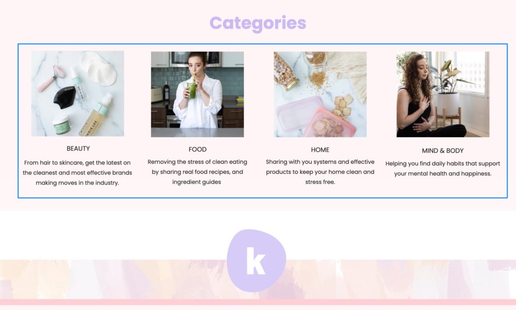 On KatieKennyWilliams the categories are featured in a section towards the bottom of some pages with large image driven links to help direct users for another place to go next.