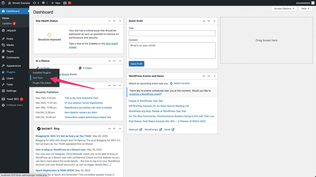 WordPress dashboard pointing to how to add new plugins