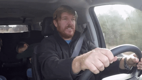 Chip Gaines on a road trip with text that says "Are we there yet?"