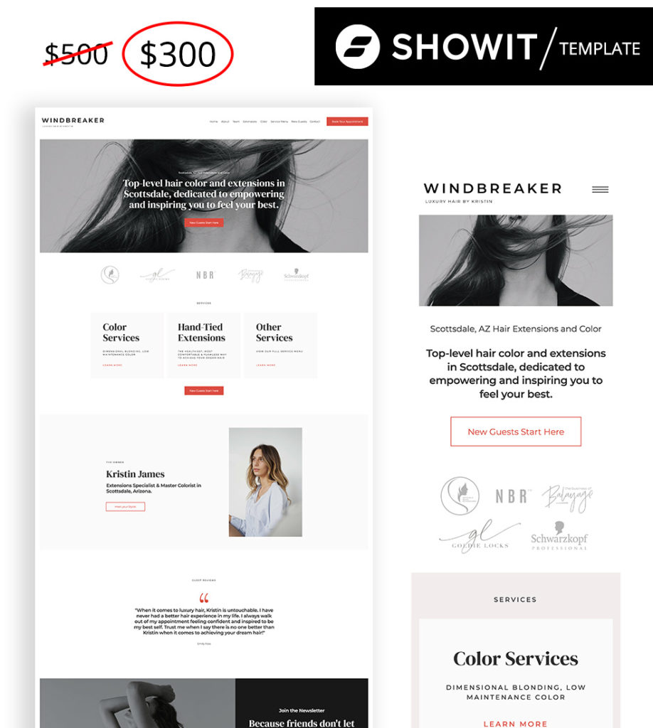 Windbreaker website template for hair salons by Franklin and Willow