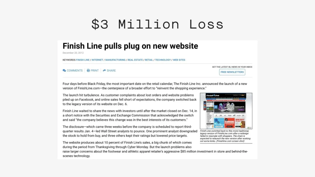 Finish line news article outlining their  million loss