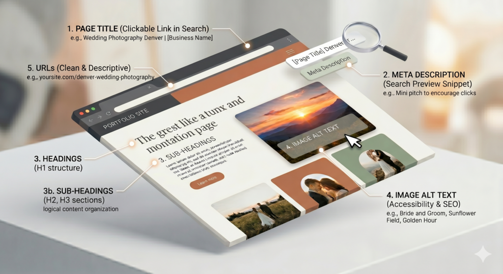 Annotated UI mockup showing a browser window with labels for Page Title, Meta Description, Headings, URLs, and Image Alt Texts on a tilted tablet screen in the Showit SEO blog post.