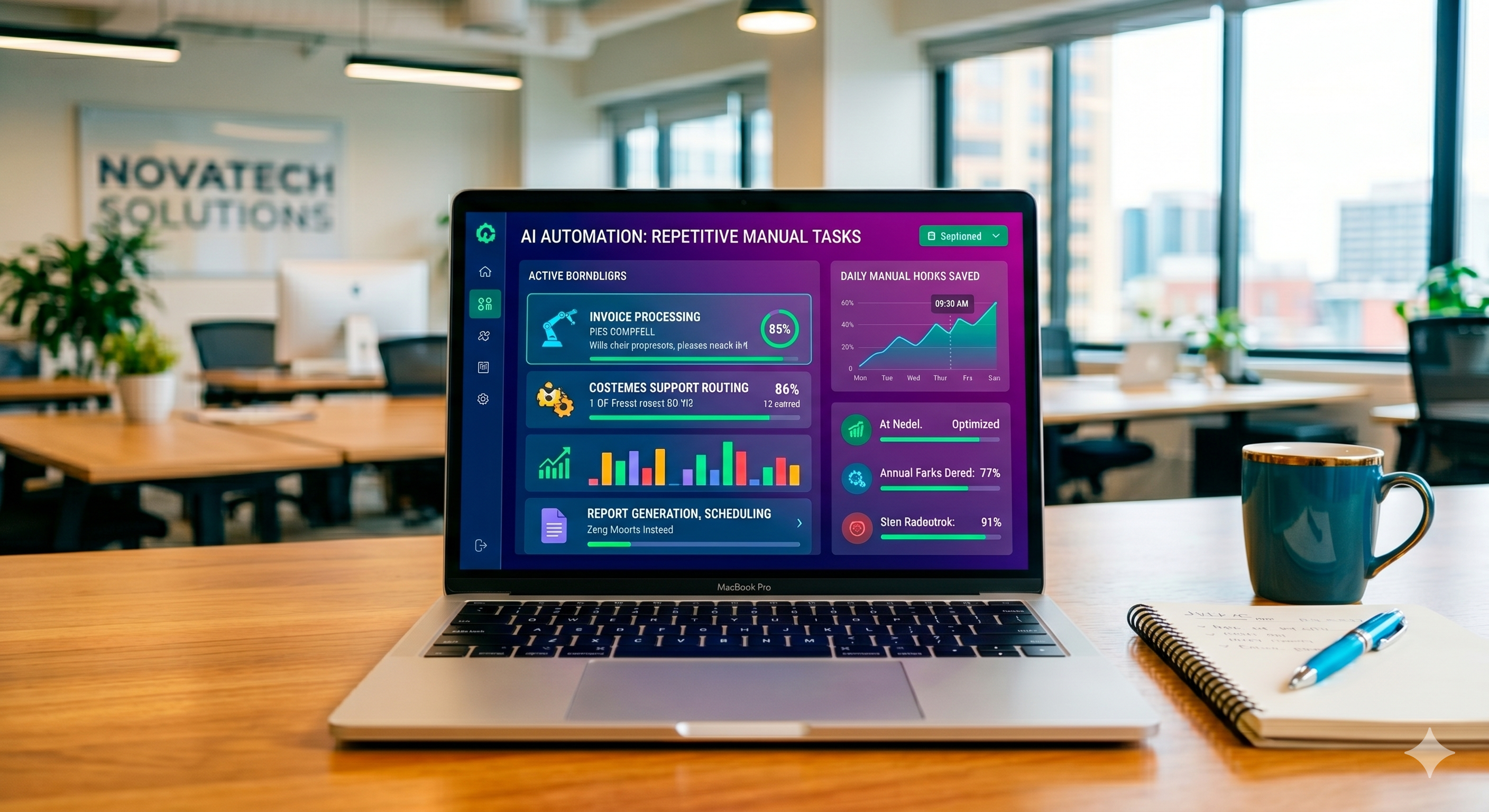 Laptop on a wooden desk showing a colorful AI automation dashboard with charts, in an open office setting with plants and a mug nearby
