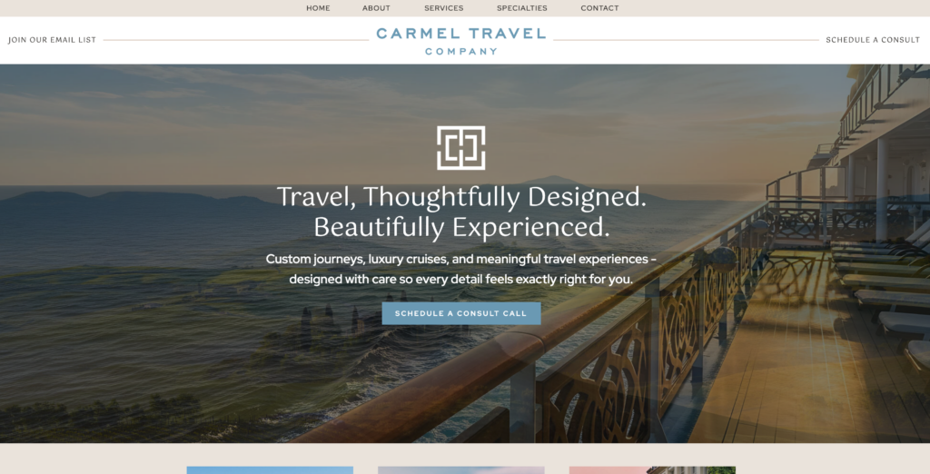 The homepage of carmeltravelcompany.com featuring a sweeping aerial photo of a tropical beach with a couple walking hand in hand in the distance, overlaid with the headline "Travel, Thoughtfully Designed. Beautifully Experienced.