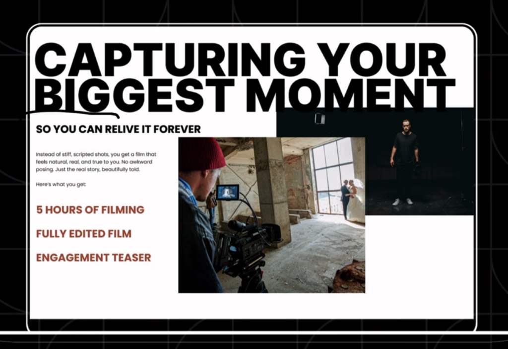 Marketing page hero: large'CAPTURING YOUR BIGGEST MOMENT' headline with a behind-the-scenes photo of a camera operator in a warehouse and a man standing on the right in the homepage layout formula blog/