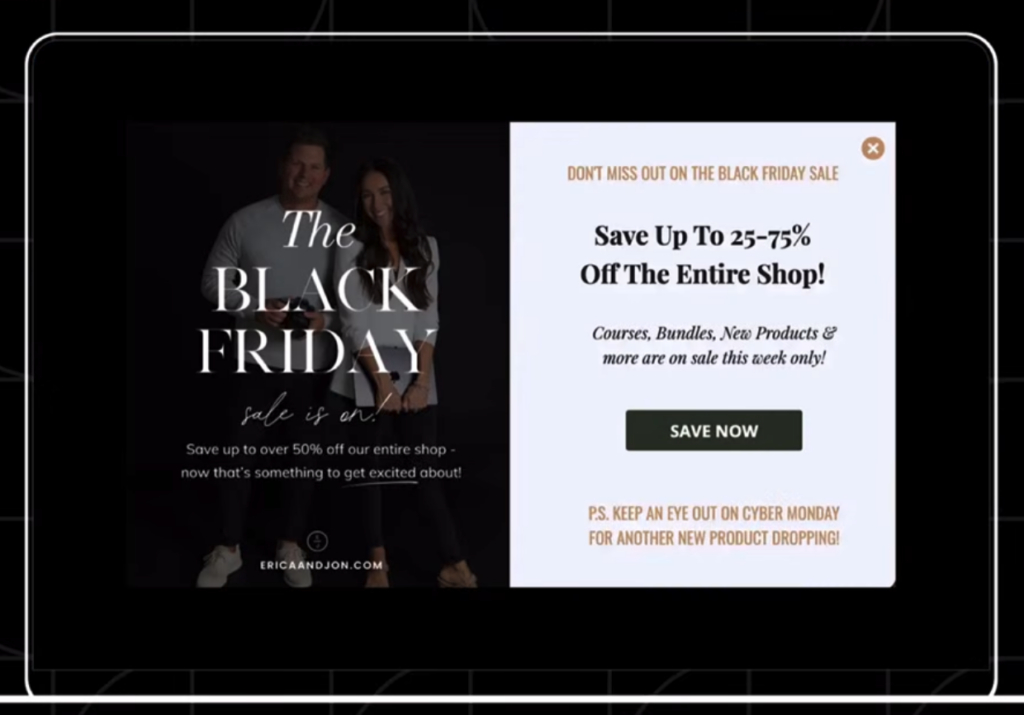 Black Friday sale ad: left panel shows a couple in a dark background with'The BLACK FRIDAY sale is on', right panel has 'Save Up To 25-75% Off The Entire Shop' and a green 'SAVE NOW' button in the homepage layout formula blog.