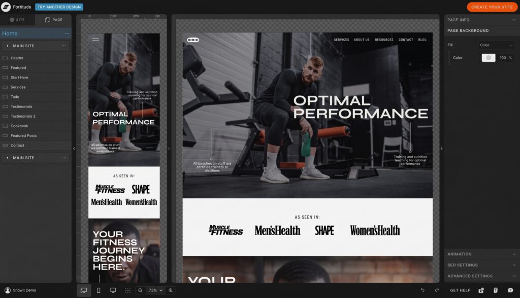 showit-design-app-editor-template-preview.jpg - Showit Screenshot of a website builder showing a gym fitness hero layout with a man in workout gear and bold'OPTIMAL PERFORMANCE' text overlaid on a gym scene