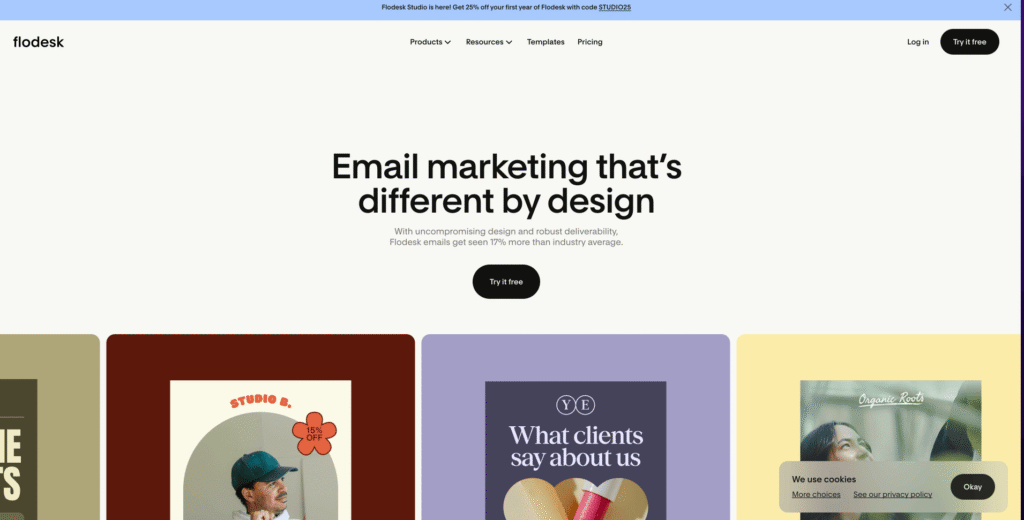 flodesk-email-marketing-homepage - Showit Flodesk homepage showing its design-first email marketing platform for creative business owners