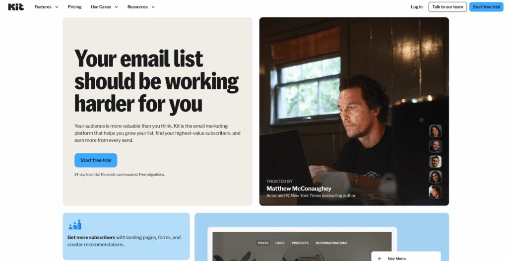 kit-email-marketing-homepage - Showit Kit homepage showing its email marketing platform built for creators selling digital products
