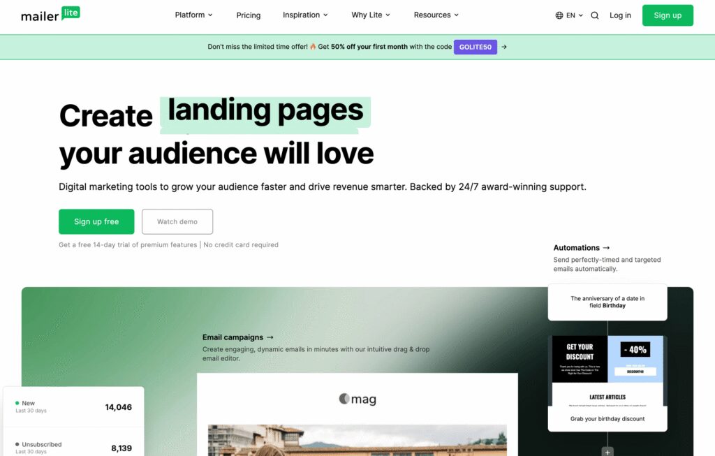 mailerlite-email-marketing-homepage - Showit MailerLite homepage showing its email marketing and landing page tools for budget-conscious creative businesses