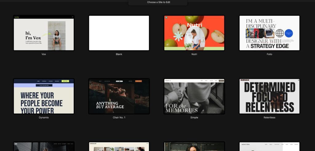 showit-design-app-template-selection-gridjpg - Showit Showit Design App's template selection screen showing a grid of website design options, including Vox, Nutri, Folio, and Dynamis
