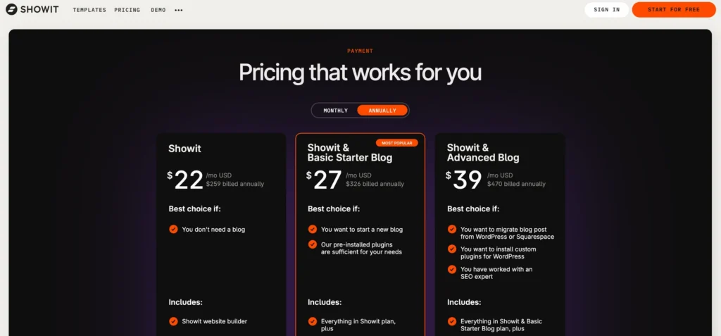 showit-pricing-plans-comparison - Showit Showit pricing comparison table showing Showit at 22 dollars a month, Basic Starter Blog at 27 and Advanced Blog at 39, billed annually