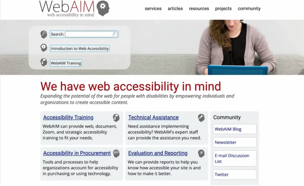 webaim-website-accessibility-resources - Showit WebAIM homepage with the headline We have web accessibility in mind and links to training and resources